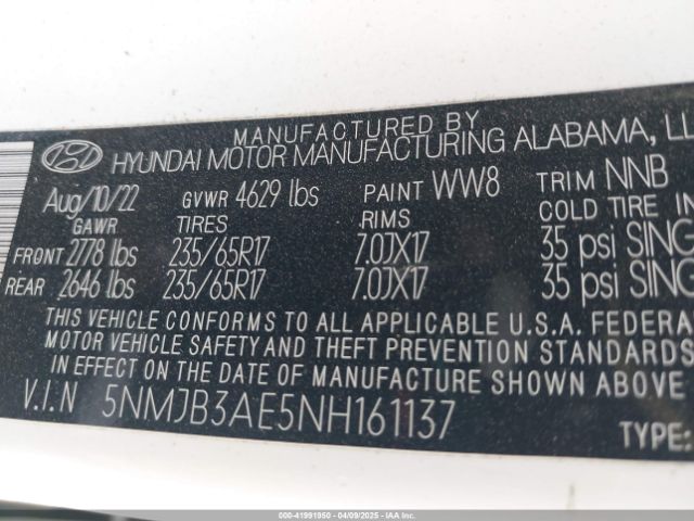 5NMJB3AE5NH161137 Hyundai TUCSON SEL