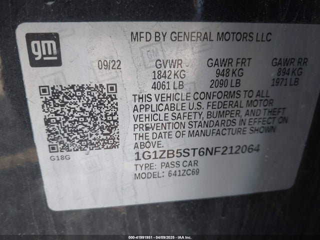 1G1ZB5ST6NF212064 Chevrolet Malibu Fwd Ls