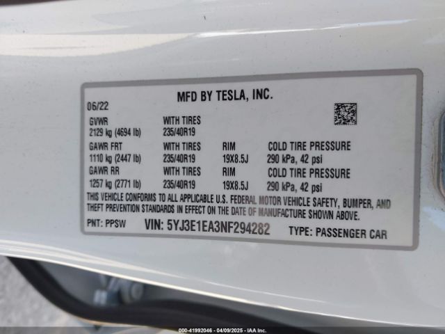 5YJ3E1EA3NF294282 Tesla Model 3 Rear-wheel Drive
