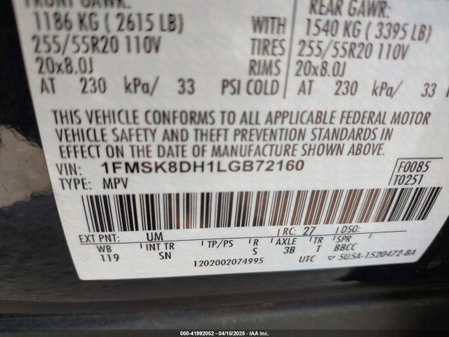 1FMSK8DH1LGB72160 Ford EXPLORER XLT