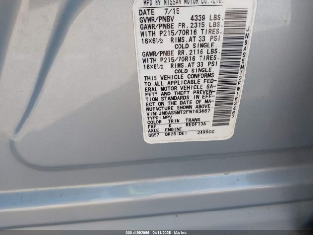 JN8AS5MT2FW163467 Nissan Rogue Select S