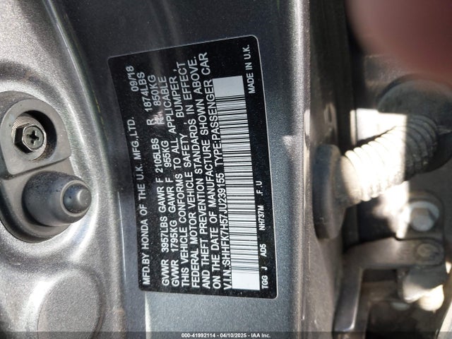 SHHFK7H57JU239155 Honda CIVIC EX