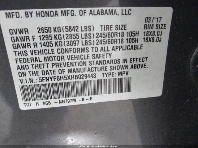 5FNYF6H5XHB029443 Honda Pilot Ex-l