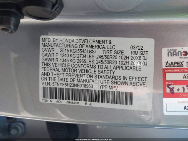 5FNYF5H23NB018960 Honda Pilot 2wd Special Edition