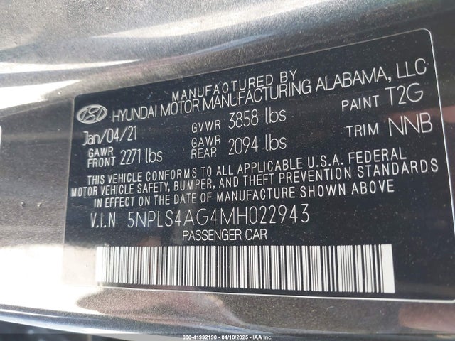 5NPLS4AG4MH022943 Hyundai mpi nu pe