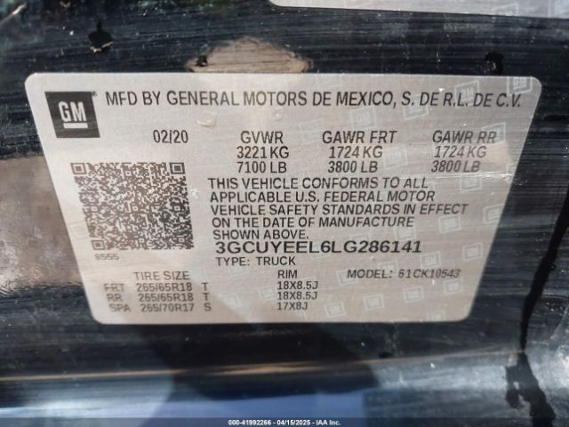 3GCUYEEL6LG286141 Chevrolet Silverado 1500 4wd  Short Bed Rst