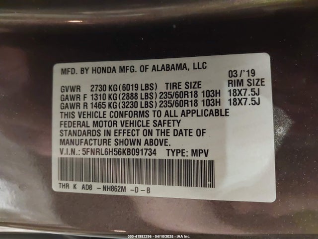 Honda ODYSSEY EX 2019 5FNRL6H56KB091734 Image 9