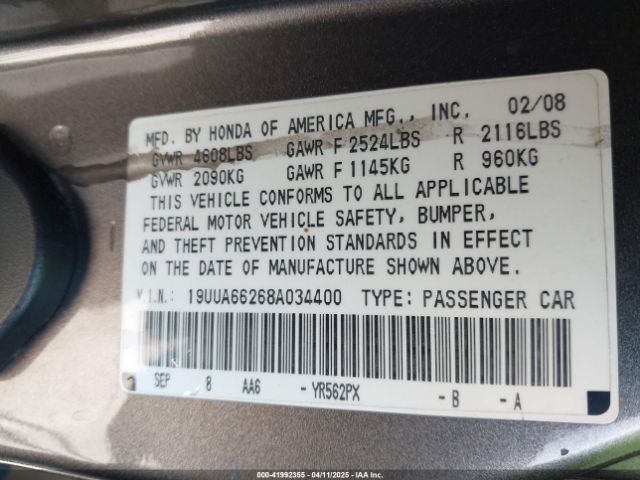 2008 ACURA TL 19UUA66268A034400 Photo 8