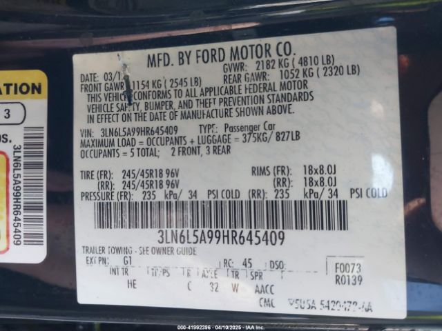 3LN6L5A99HR645409 Lincoln Mkz Premiere