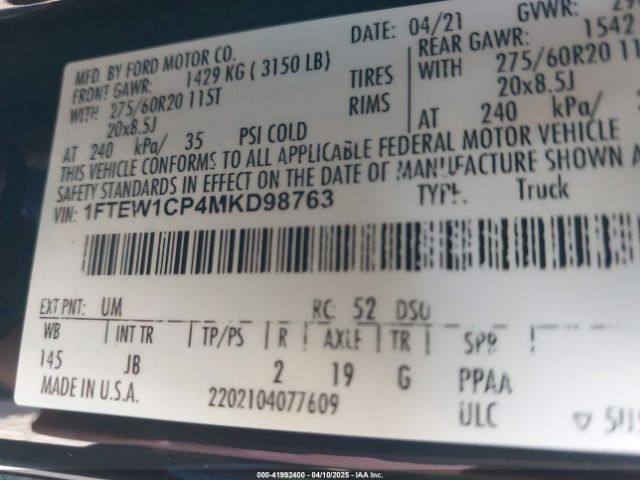 1FTEW1CP4MKD98763 Ford F-150 Xl