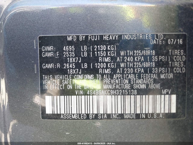 4S4BSAKC9H3215138 Subaru Outback 2.5i Limited