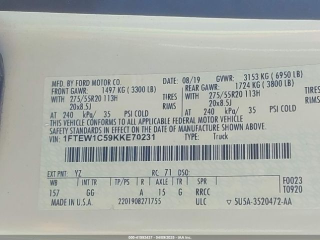 1FTEW1C59KKE70231 Ford F-150 Xl