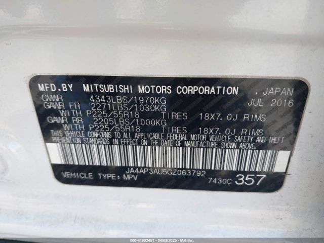 JA4AP3AU5GZ063792 Mitsubishi Outlander Sport 2.0 Es