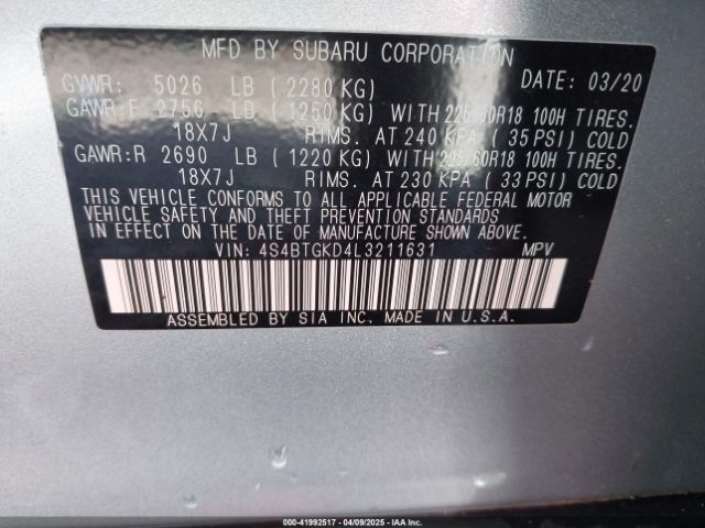 4S4BTGKD4L3211631 Subaru Outback Onyx Edition Xt