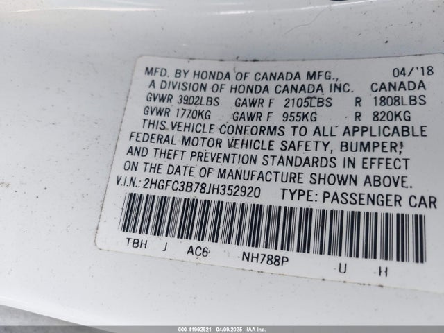 2HGFC3B78JH352920 Honda Civic Ex-l