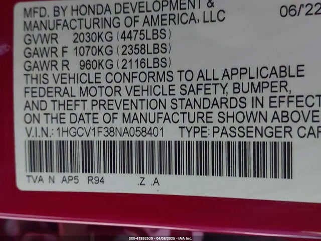 1HGCV1F38NA058401 Honda Accord Sport