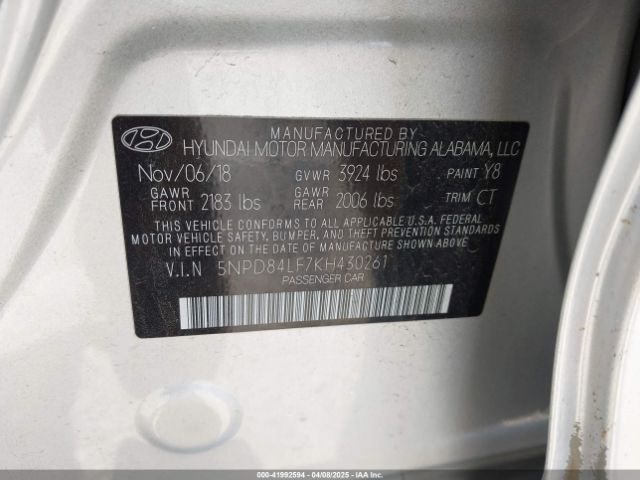 5NPD84LF7KH430261 Hyundai ELANTRA SEL