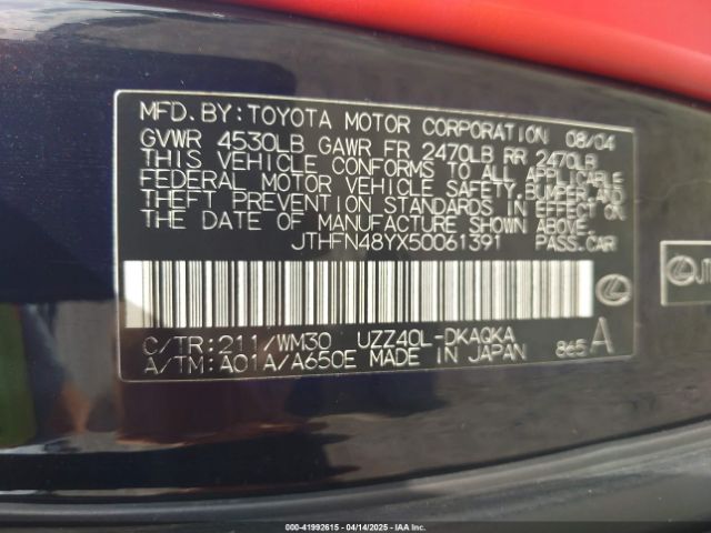 2005 LEXUS SC 430 JTHFN48YX50061391 Photo 8