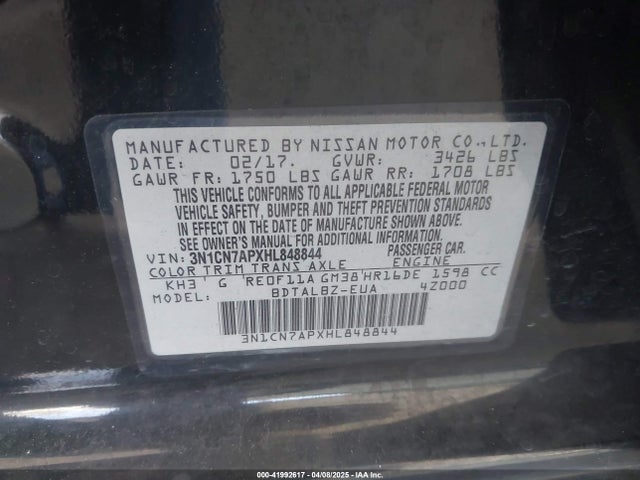 3N1CN7APXHL848844 Nissan Versa 1.6 Sv