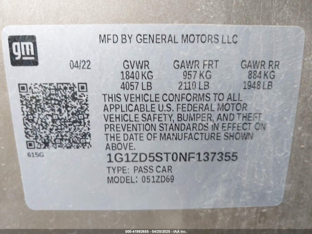 1G1ZD5ST0NF137355 Chevrolet Malibu Fwd Lt