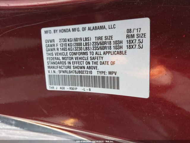 2018 HONDA ODYSSEY 5FNRL6H78JB027310 Photo 8