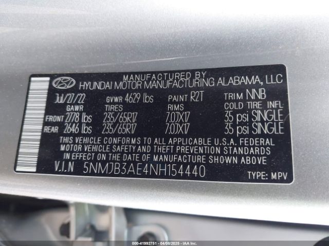 5NMJB3AE4NH154440 Hyundai TUCSON SEL