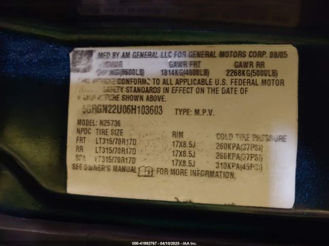 2006 HUMMER H2 SUT 5GRGN22U06H103603 Photo 8