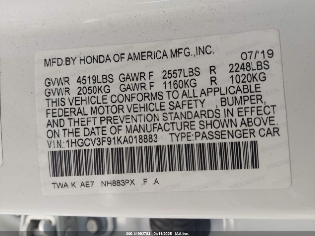 1HGCV3F91KA018883 Honda Accord Hybrid Touring