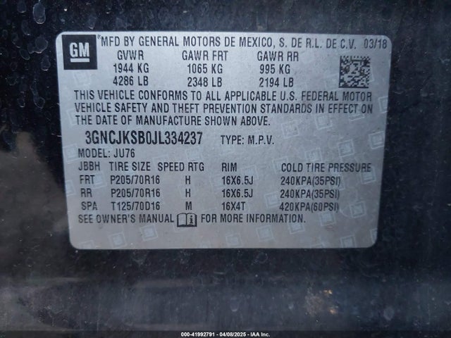 3GNCJKSB0JL334237 Chevrolet TRAX LS