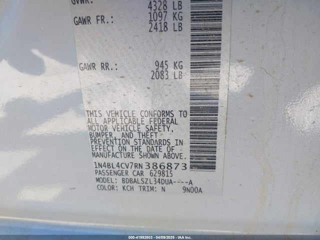 1N4BL4CV7RN386873 Nissan Altima Sr Fwd