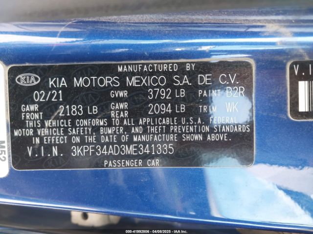 3KPF34AD3ME341335 KIA Forte Gt-line