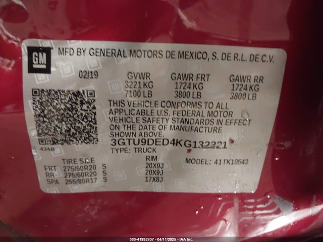 3GTU9DED4KG132221 GMC Sierra 1500 Slt