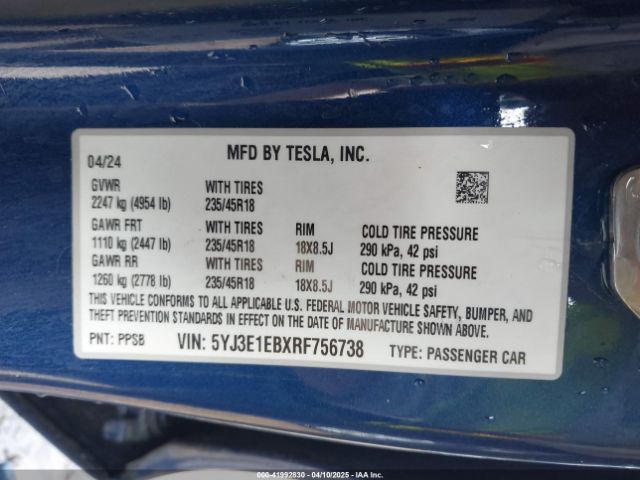 5YJ3E1EBXRF756738 Tesla Model 3 Long Range Dual Motor All-wheel Drive