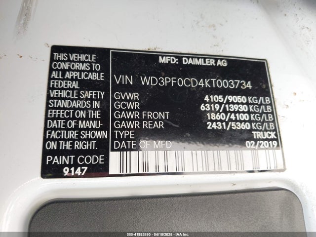 WD3PF0CD4KT003734 Mercedes-Benz Sprinter 2500 High Roof V6/standard Roof V6