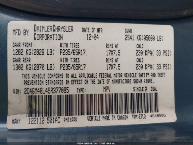 2005 CHRYSLER PACIFICA 2C4GM48L45R377095 Photo 8