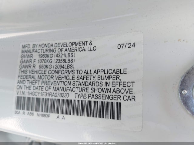1HGCY1F31RA078230 Honda ACCORD EX