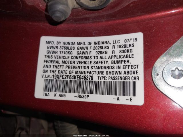 2019 HONDA CIVIC 19XFC2F64KE046370 Photo 8