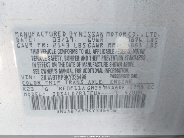 3N1AB7AP9KY335496 Nissan SENTRA SV