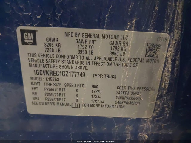 1GCVKREC1GZ177749 Chevrolet Silverado 1500 1lt