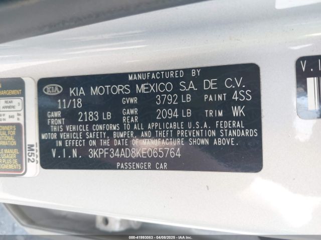 3KPF34AD8KE065764 KIA FORTE S