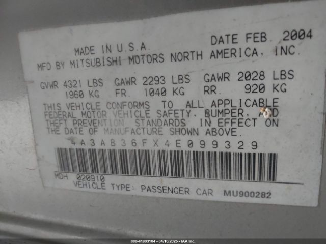 2004 MITSUBISHI GALANT 4A3AB36FX4E099329 Photo 8