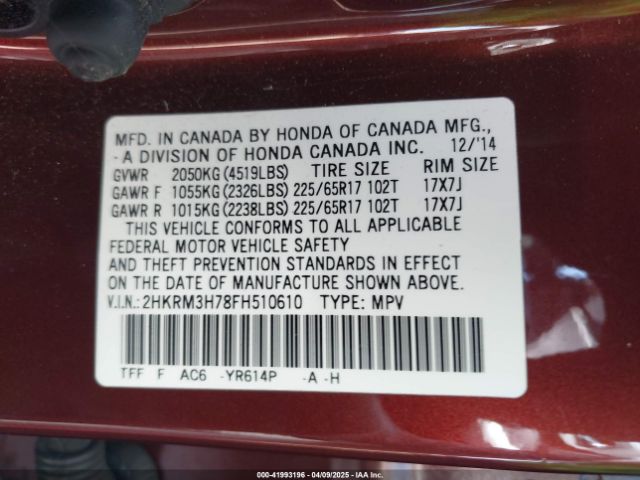 2HKRM3H78FH510610 Honda Cr-v Ex-l
