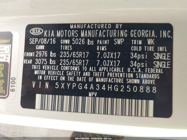 5XYPG4A34HG250888 KIA Sorento 2.4l Lx