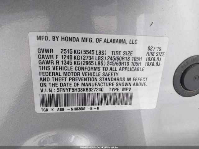 5FNYF5H38KB027240 Honda Pilot Ex