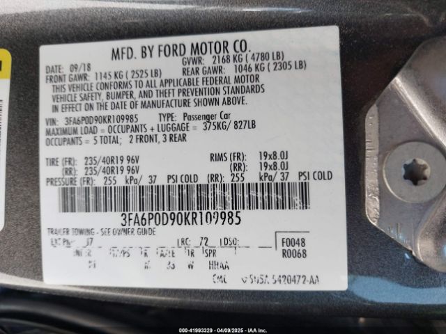 2019 FORD FUSION 3FA6P0D90KR109985 Photo 8
