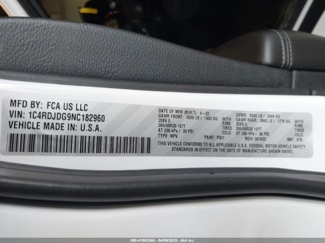 1C4RDJDG9NC182960 Dodge Durango Gt Plus Awd