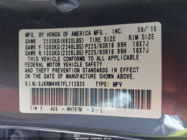5J6RM4H97FL112835 Honda Cr-v Touring