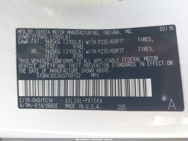 5TDKK3DCXGS709132 Toyota Sienna Le 8 Passenger