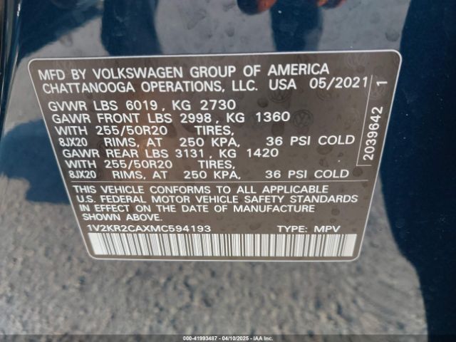 1V2KR2CAXMC594193 Volkswagen Atlas 3.6l V6 Se W/technology