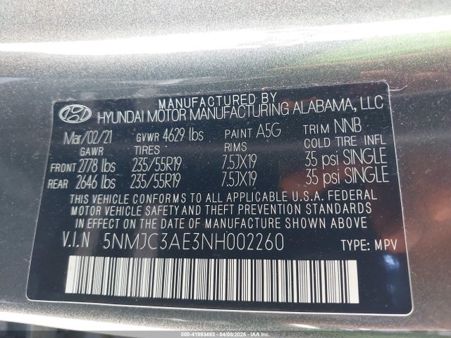 5NMJC3AE3NH002260 Hyundai TUCSON SEL
